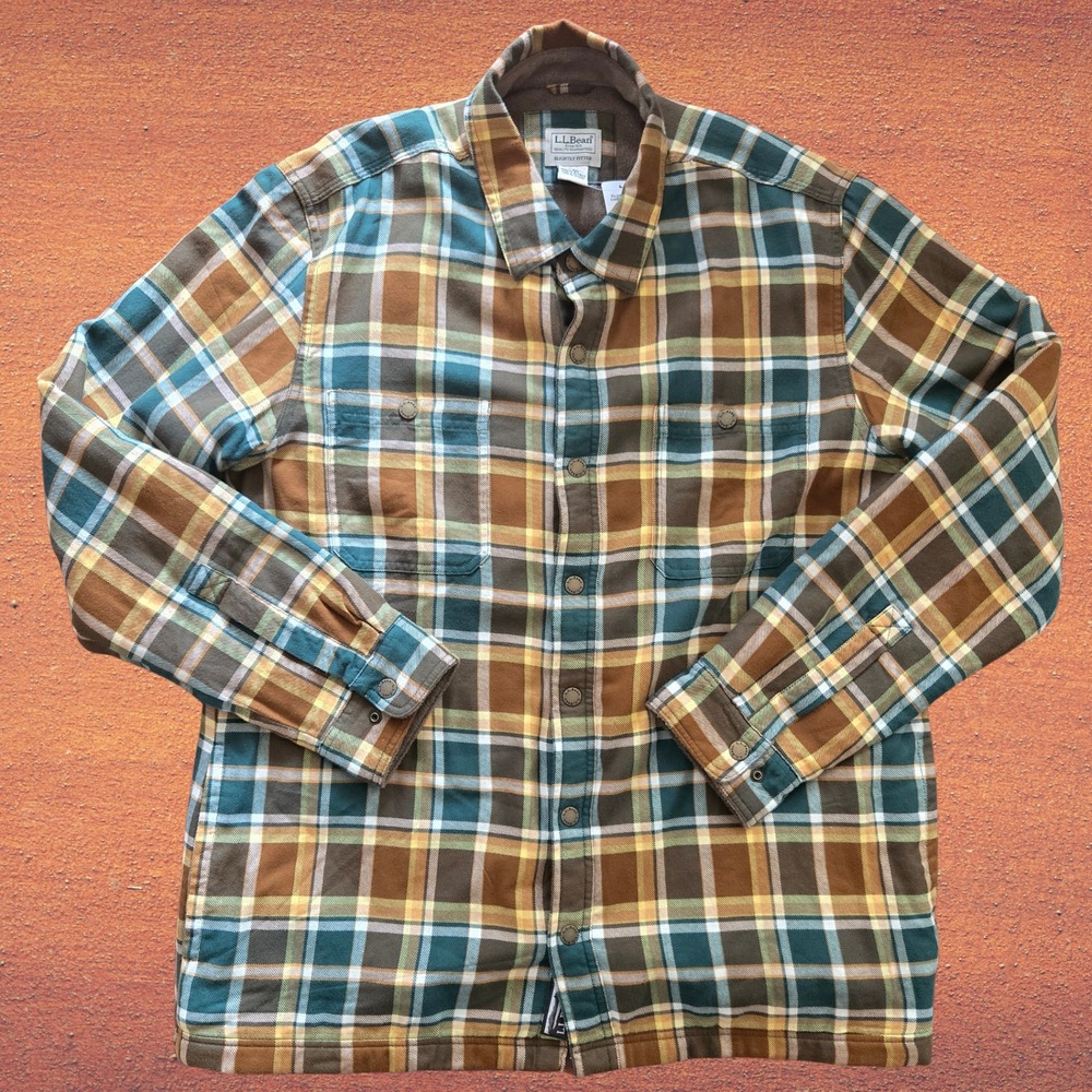 LL Bean Mens Fleece Lined Flannel Snap Front Shirt Jacket Allspice Plaid Large‎